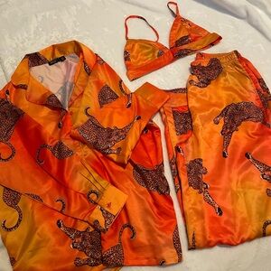 NastyGal Satin Leopard 3pc Shirt Bralette & Pants PJ Set